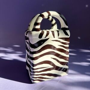 Zebra-Stripe Ceramic Handbag Vase in Cream and Brown